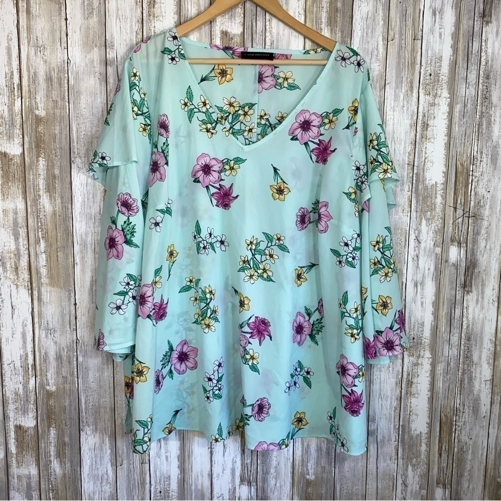 Lane Bryant Floral Chiffon Tiered Bell Sleeve Blouse Blue Pink - Picture 2 of 6